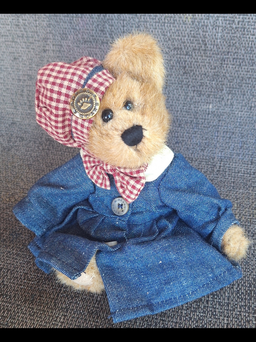 Boyds Bears Plush Teddy in Brown Fur with Blue Outfit and Red Plaid Hat